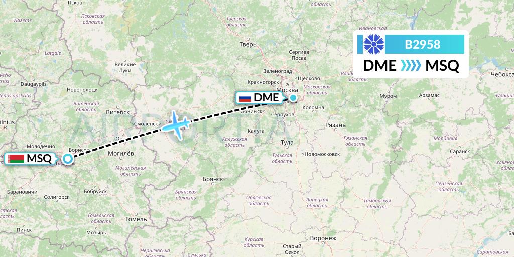 B2958 Belavia Flight Map: Moscow to Minsk