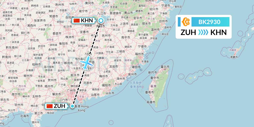 BK2930 Okay Airways Flight Map: Zhuhai to Nanchang