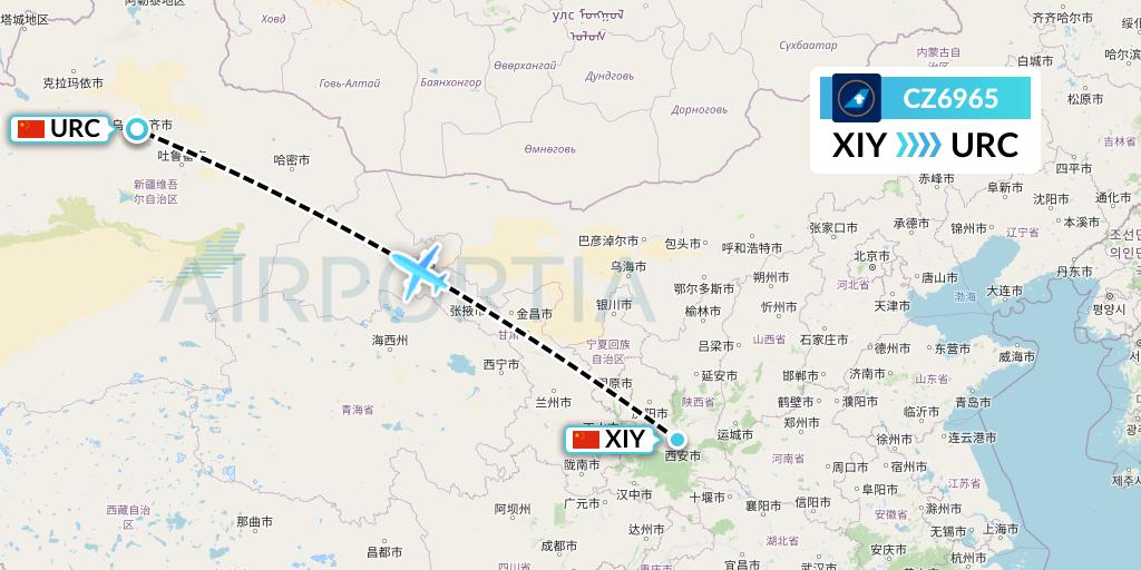 CZ6965 China Southern Airlines Flight Map: Xi'an to Urumqi