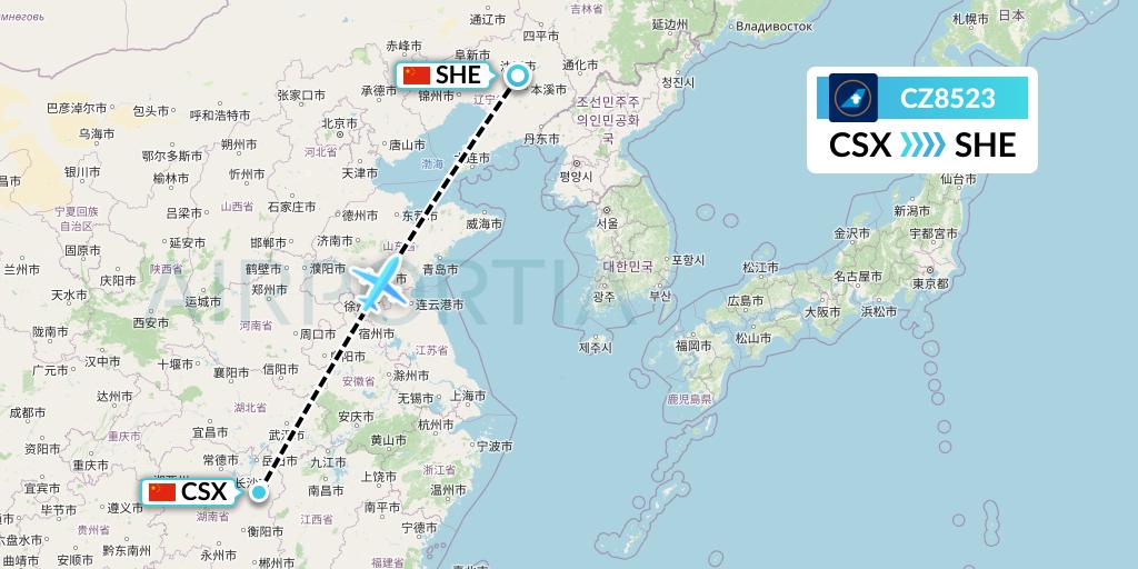 CZ8523 China Southern Airlines Flight Map: Changsha to Shenyang