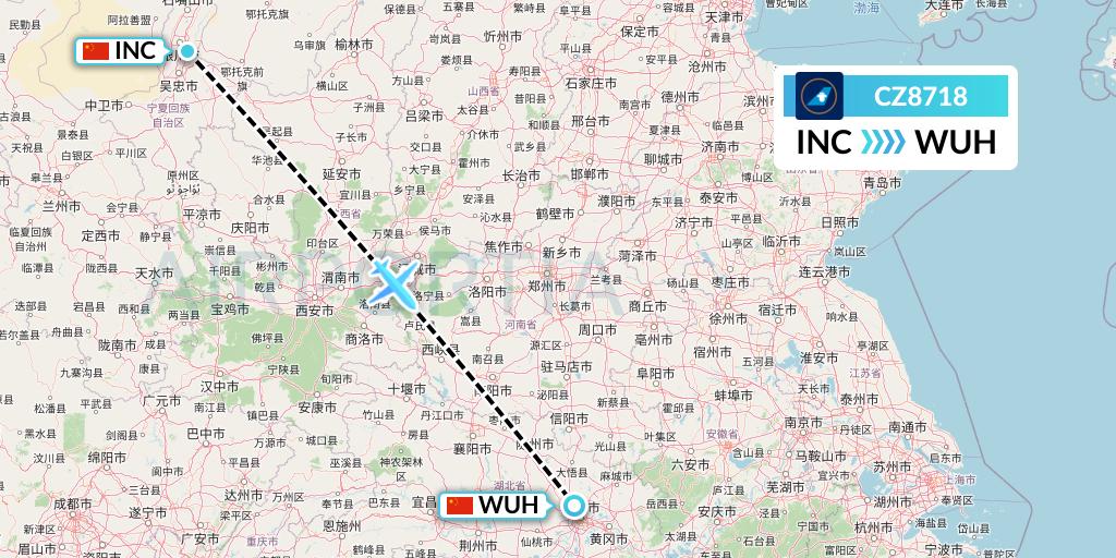 CZ8718 China Southern Airlines Flight Map: Yinchuan to Wuhan