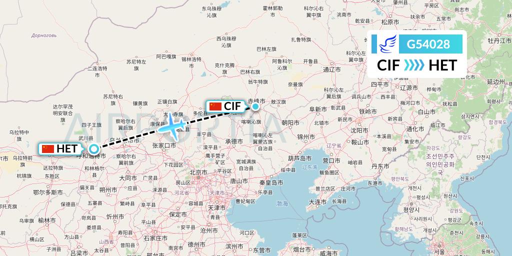 G54028 China Express Airlines Flight Map: Chifeng to Hohhot