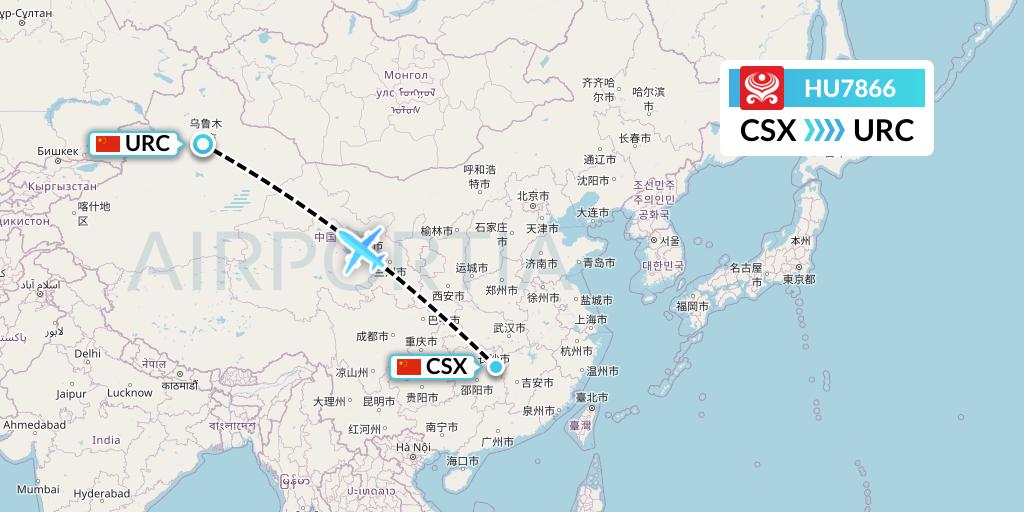 HU7866 Hainan Airlines Flight Map: Changsha to Urumqi