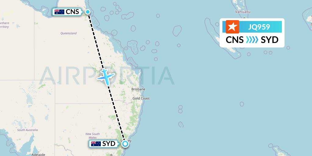 JQ959 Jetstar Airways Flight Map: Cairns to Sydney