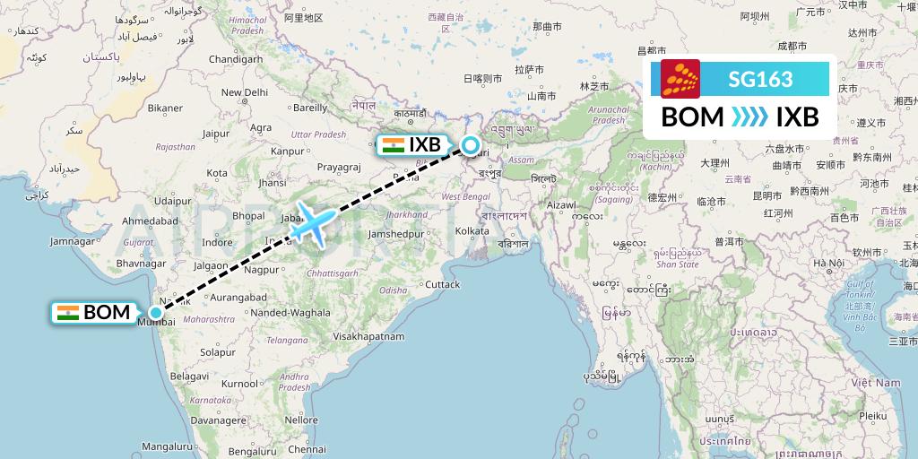 SG163 SpiceJet Flight Map: Mumbai to Siliguri