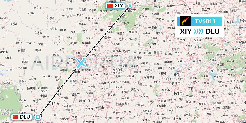 TV6011 Tibet Airlines Flight Map: Xi'an to Dali