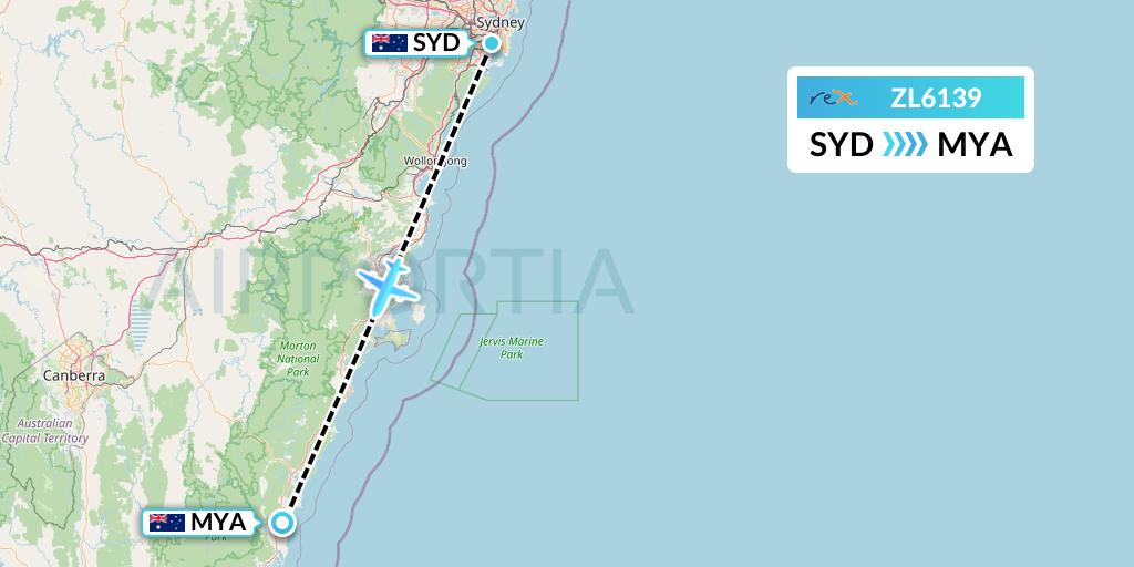 ZL6139 Regional Express Flight Map: Sydney to Moruya