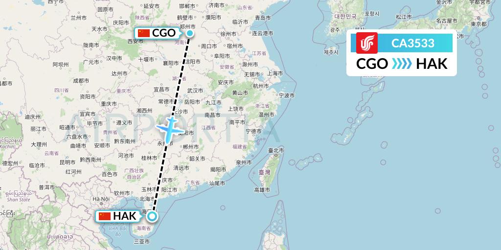 CA3533 Air China Flight Map: Zhengzhou to Haikou
