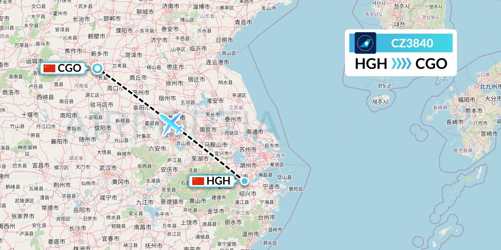 CZ3840 China Southern Airlines Flight Map: Hangzhou to Zhengzhou