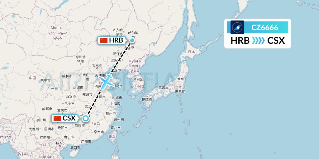 CZ6666 China Southern Airlines Flight Map: Harbin to Changsha