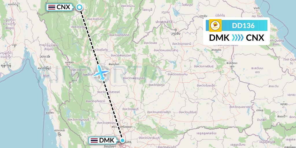 DD136 Nok Air Flight Map: Bangkok to Chiang Mai