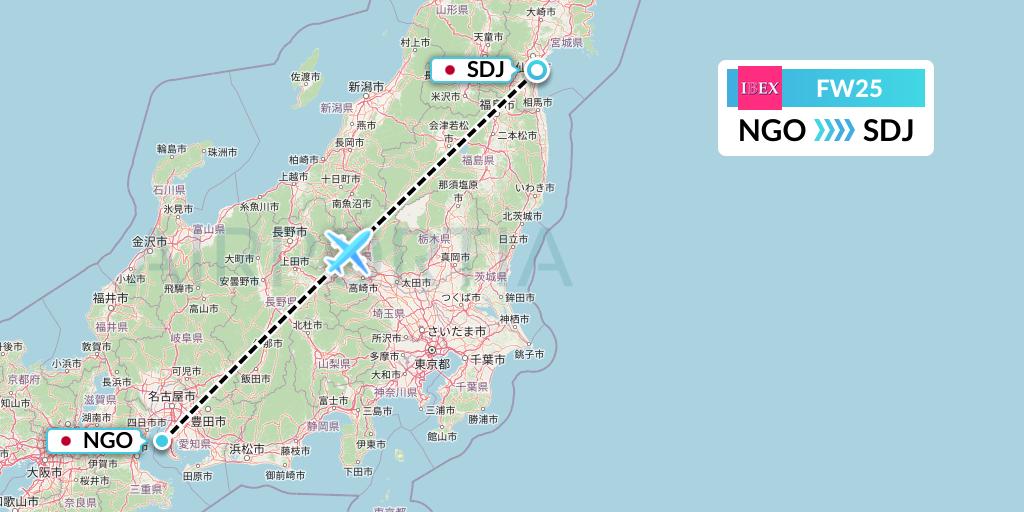 FW25 Ibex Airlines Flight Map: Nagoya to Sendai