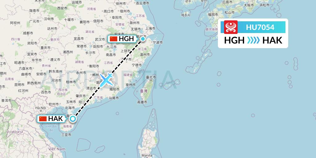 HU7054 Hainan Airlines Flight Map: Hangzhou to Haikou