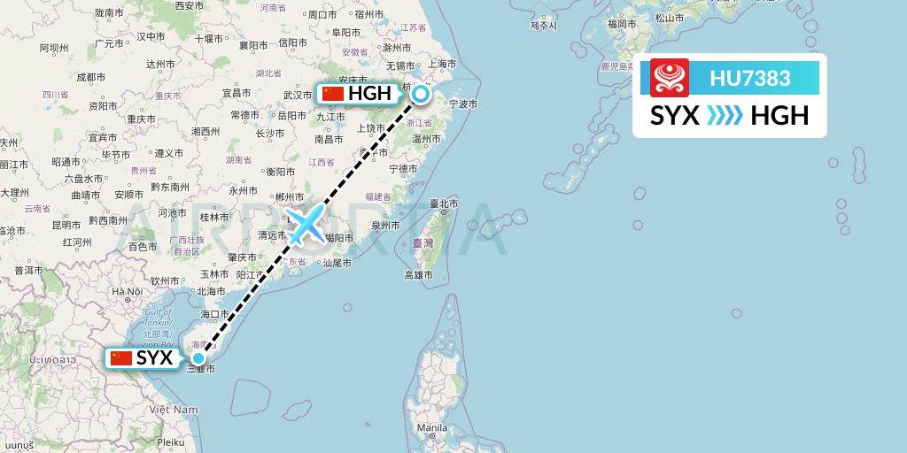 HU7383 Hainan Airlines Flight Map: Sanya to Hangzhou