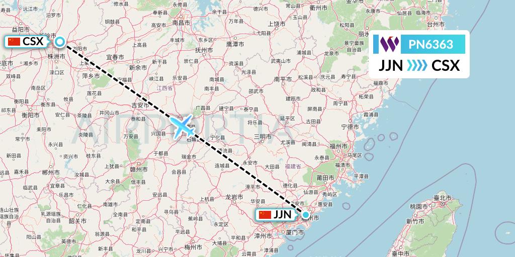 PN6363 China West Air Flight Map: Jinjiang to Changsha