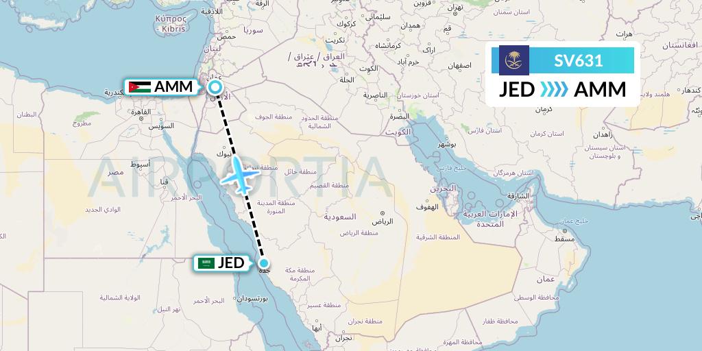 SV631 Saudi Arabian Airlines Flight Map: Jeddah to Amman