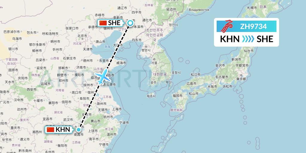 ZH9734 Shenzhen Airlines Flight Map: Nanchang to Shenyang