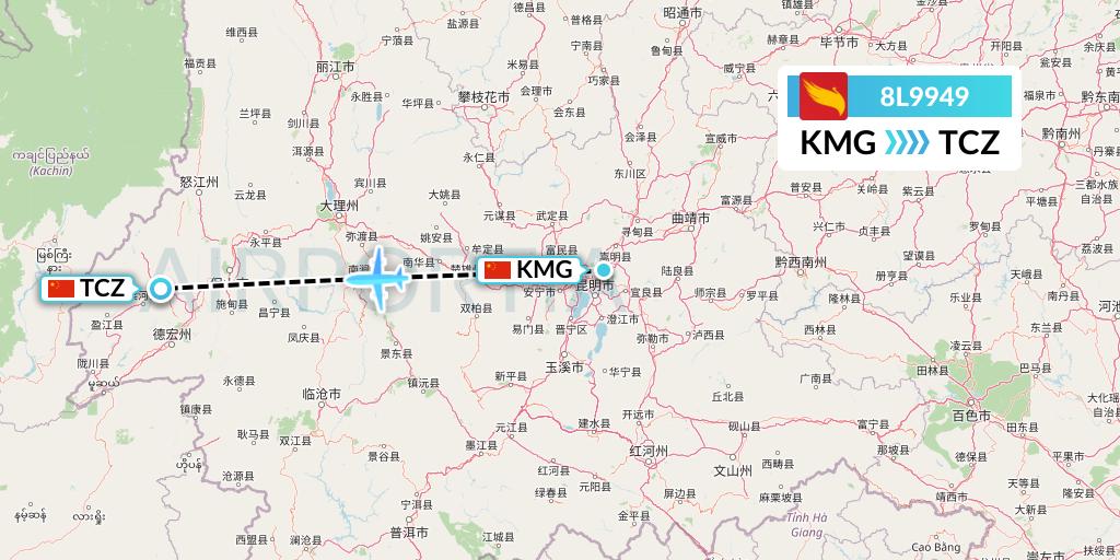 8L9949 Lucky Air Flight Map: Kunming to Tengchong