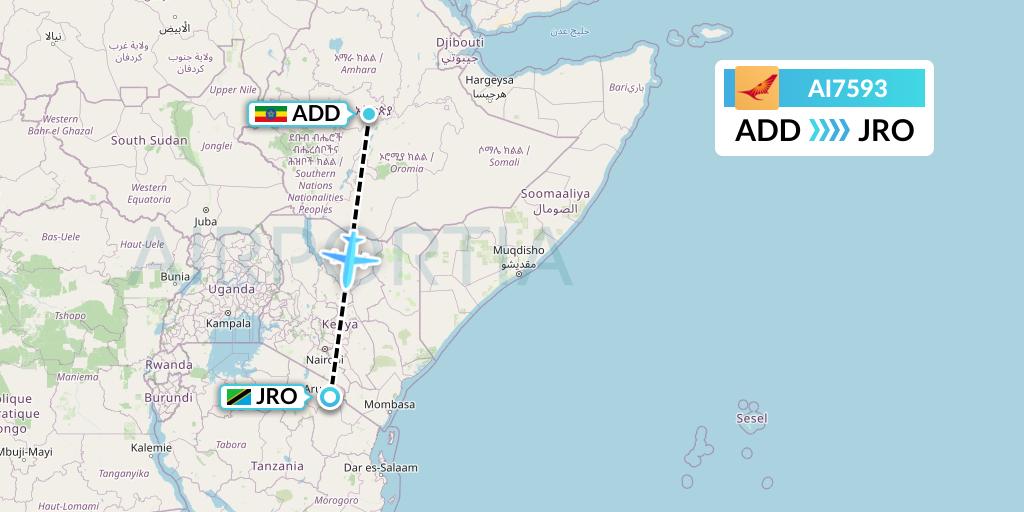 AI7593 Air India Flight Map: Addis Ababa to Kilimanjaro