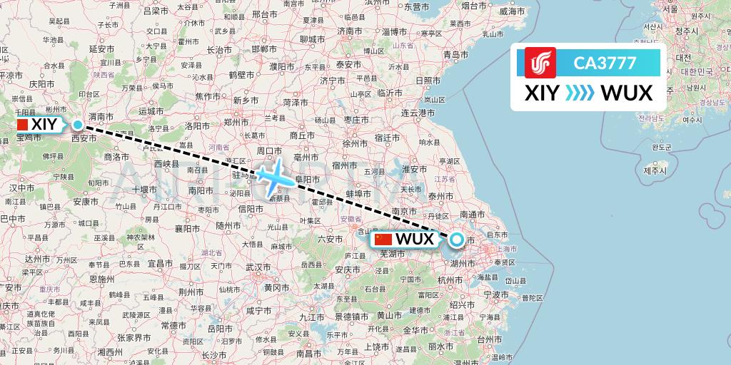CA3777 Air China Flight Map: Xi'an to Wuxi