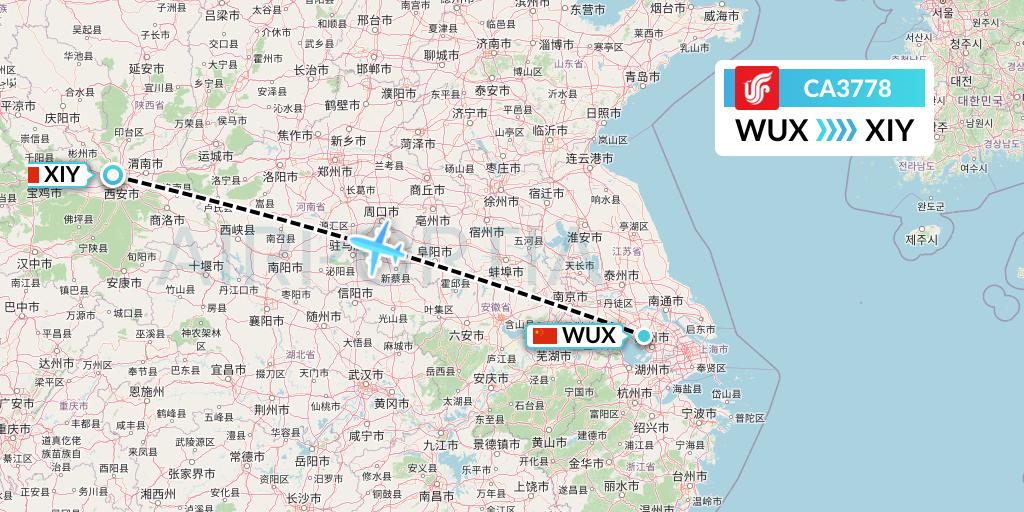 CA3778 Air China Flight Map: Wuxi to Xi'an