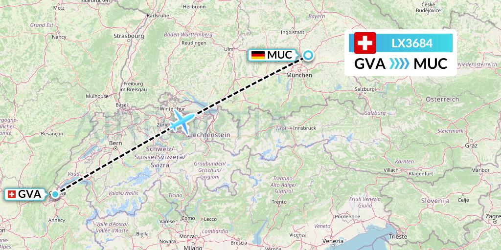LX3684 Swiss Flight Map: Geneva to Munich