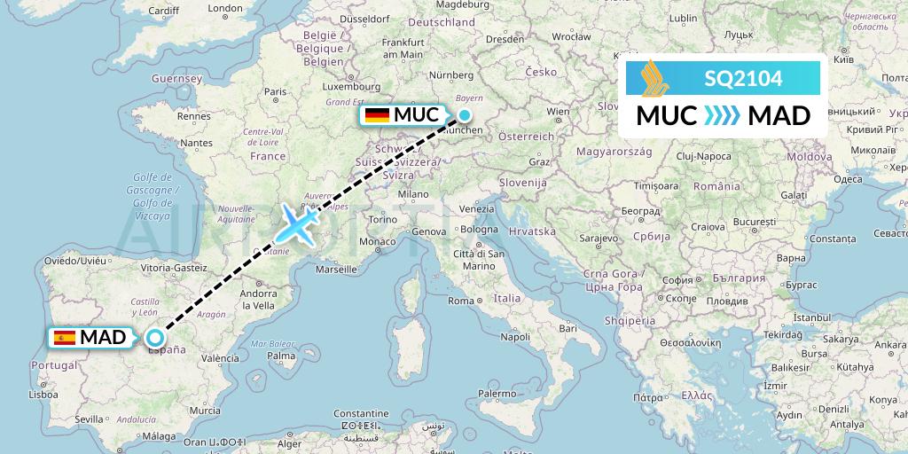 SQ2104 Singapore Airlines Flight Map: Munich to Madrid