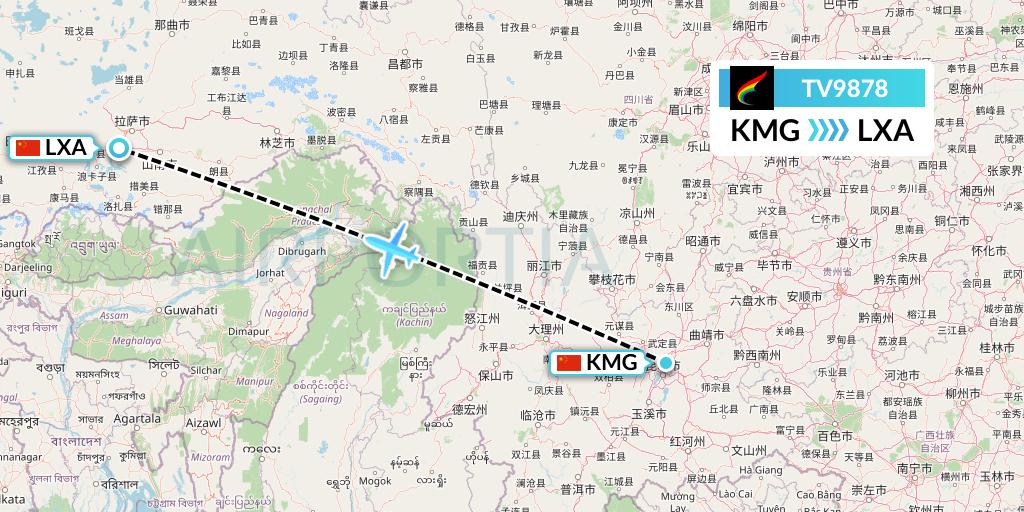 TV9878 Tibet Airlines Flight Map: Kunming to Lhasa