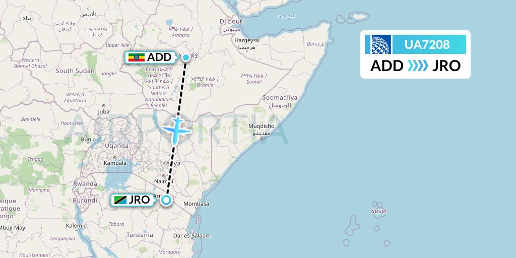 UA7208 United Airlines Flight Map: Addis Ababa to Kilimanjaro