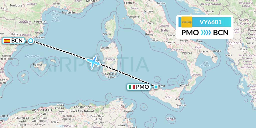 VY6601 Vueling Flight Map: Palermo to Barcelona