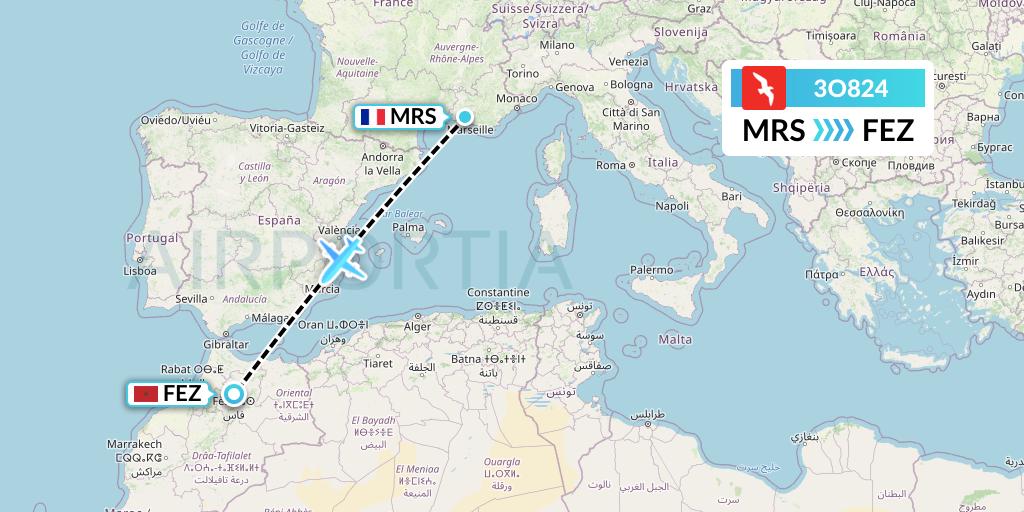 3O824 Air Arabia Maroc Flight Map: Marseille to Fes