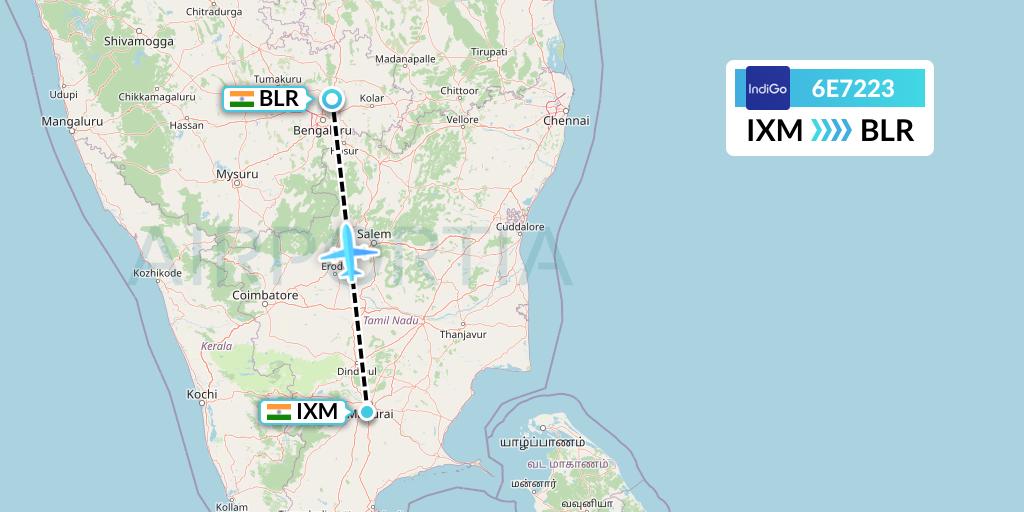 6E7223 IndiGo Airlines Flight Map: Madurai to Bangalore