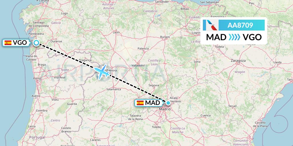 AA8709 American Airlines Flight Map: Madrid to Vigo