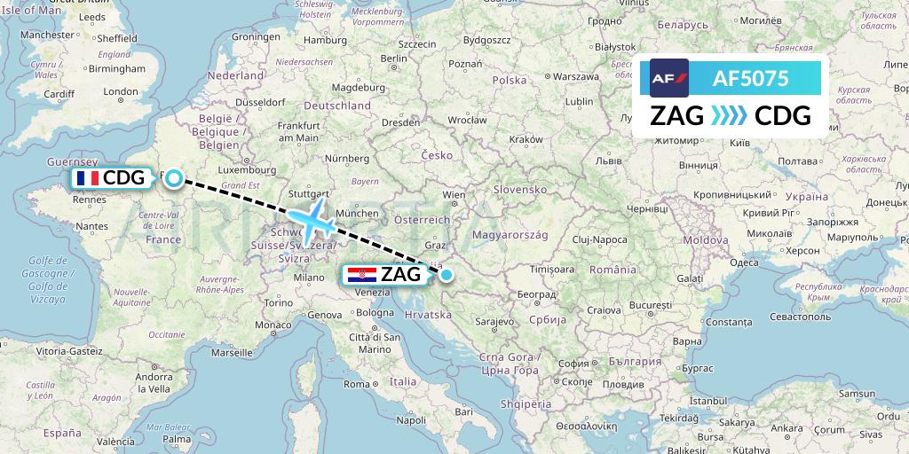 AF5075 Air France Flight Map: Zagreb to Paris