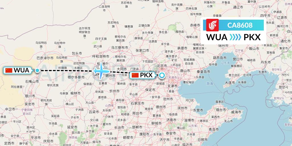 CA8608 Air China Flight Map: Wuhai to Beijing