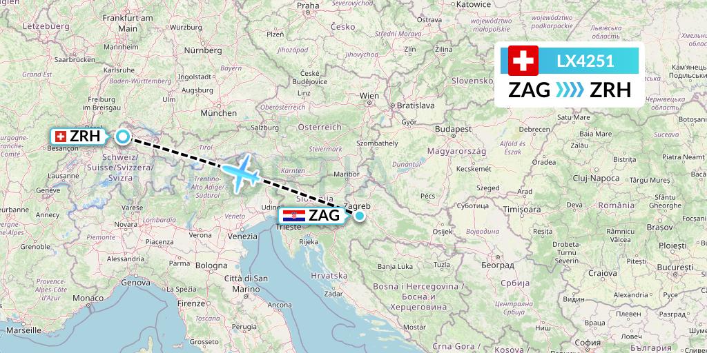 LX4251 Swiss Flight Map: Zagreb to Zurich