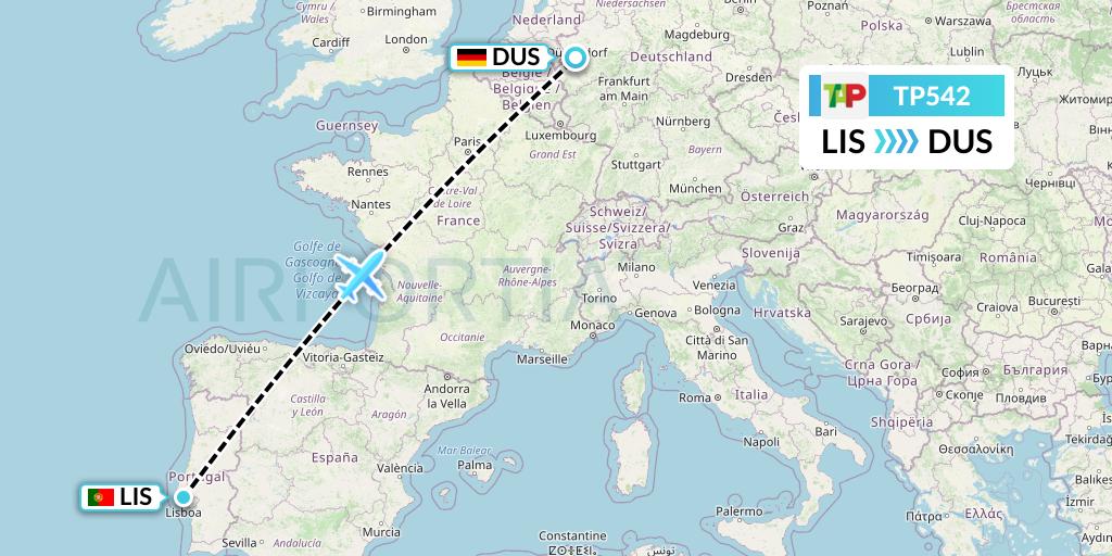 TP542 TAP Portugal Flight Map: Lisbon to Dusseldorf