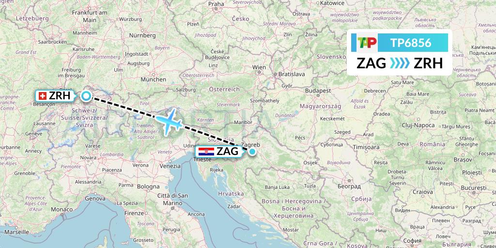 TP6856 TAP Portugal Flight Map: Zagreb to Zurich