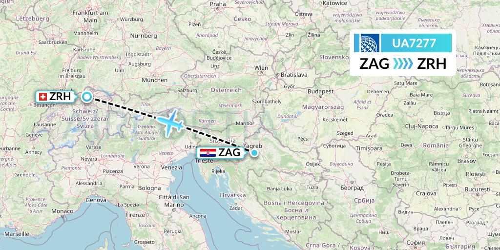 UA7277 United Airlines Flight Map: Zagreb to Zurich