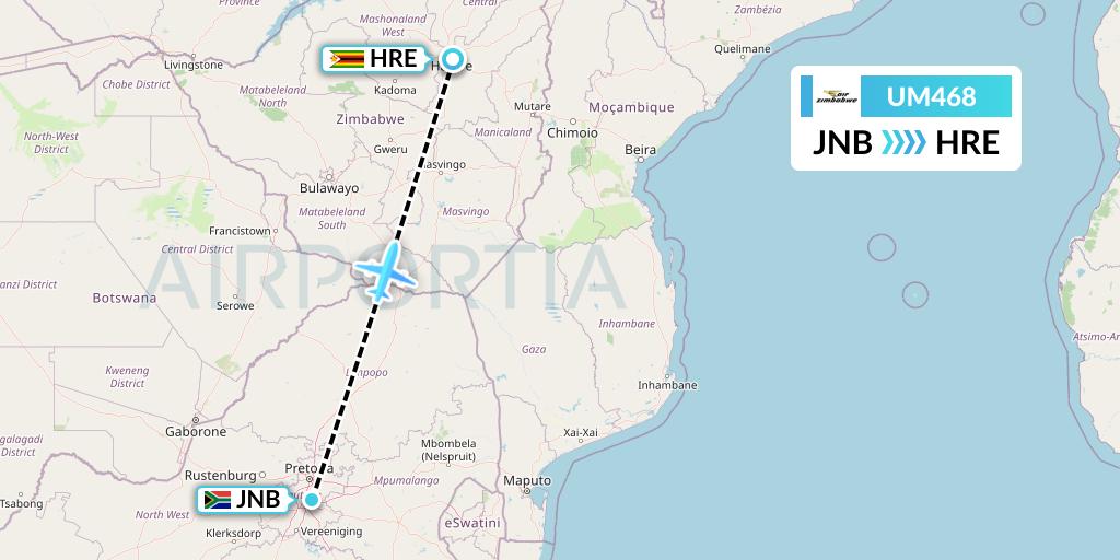 UM468 Air Zimbabwe Flight Map: Johannesburg to Harare