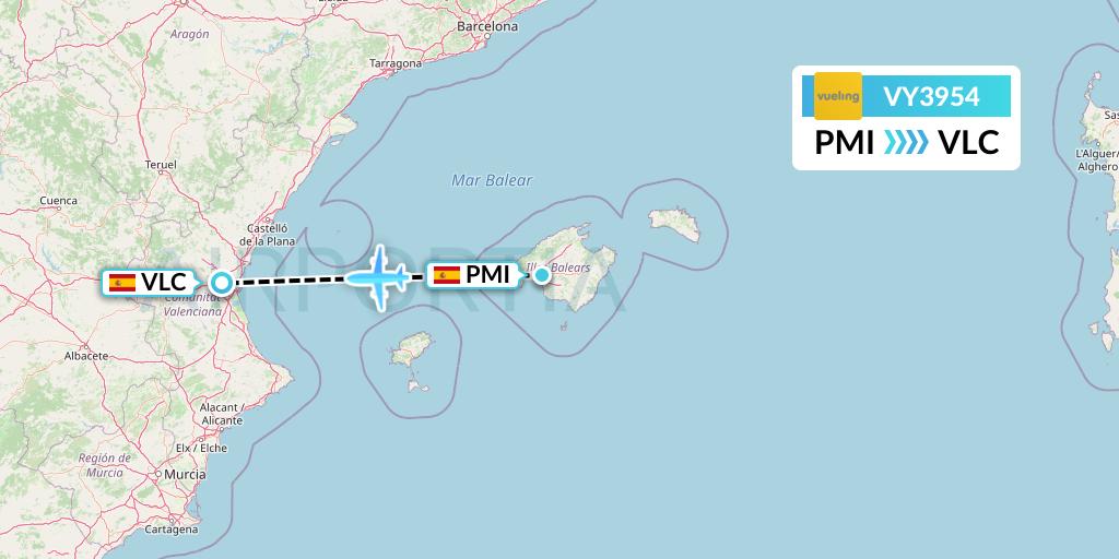 VY3954 Vueling Flight Map: Palma de Mallorca to Valencia