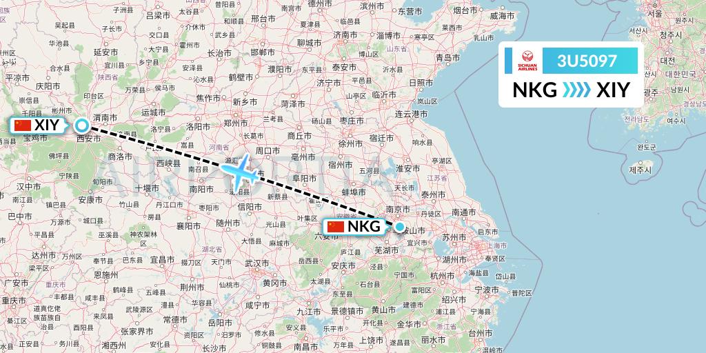 3U5097 Sichuan Airlines Flight Map: Nanjing to Xi'an