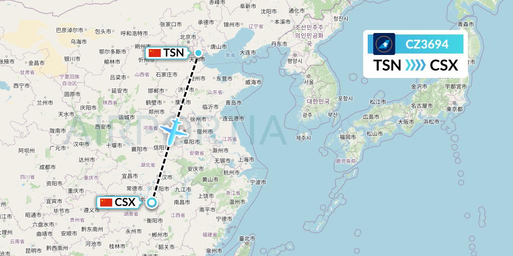 CZ3694 China Southern Airlines Flight Map: Tianjin to Changsha