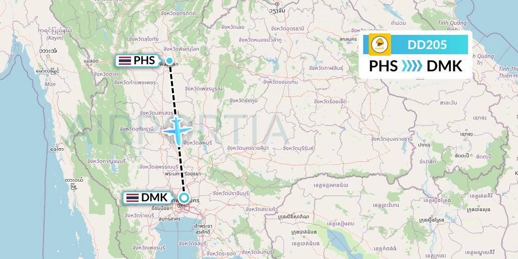 DD205 Nok Air Flight Map: Phitsanulok to Bangkok