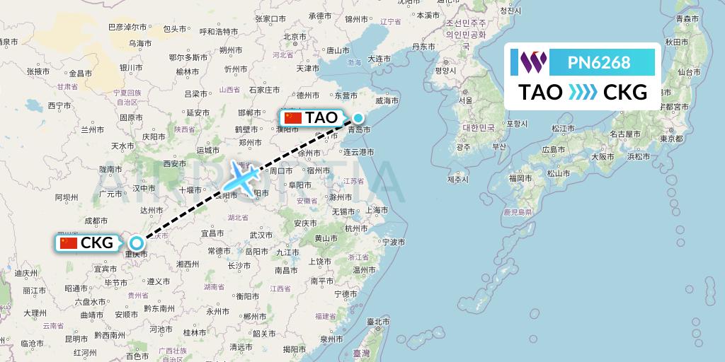 PN6268 China West Air Flight Map: Qingdao to Chongqing