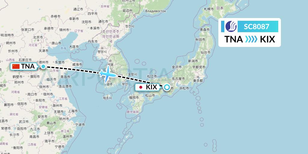 SC8087 Shandong Airlines Flight Map: Jinan to Osaka