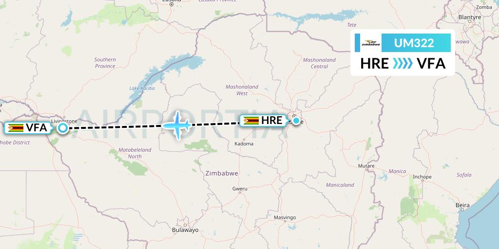 UM322 Air Zimbabwe Flight Map: Harare to Victoria Falls