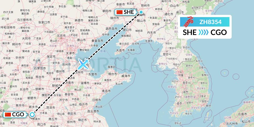 ZH8354 Shenzhen Airlines Flight Map: Shenyang to Zhengzhou