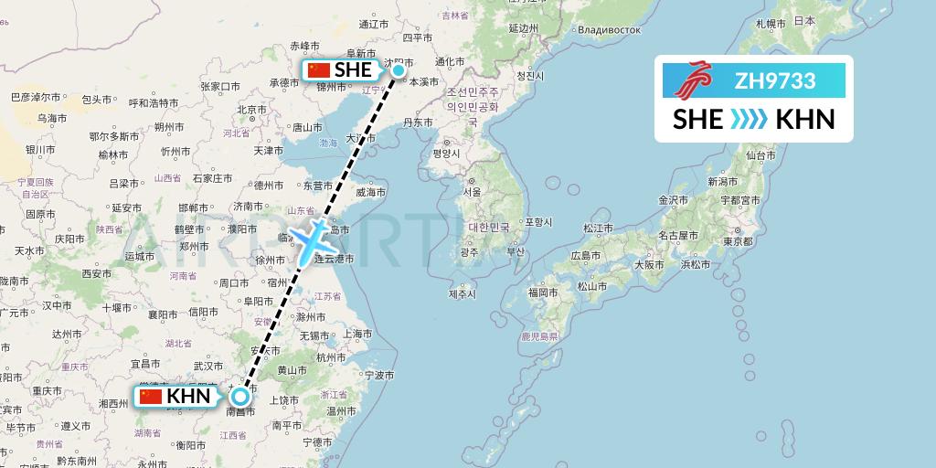 ZH9733 Shenzhen Airlines Flight Map: Shenyang to Nanchang
