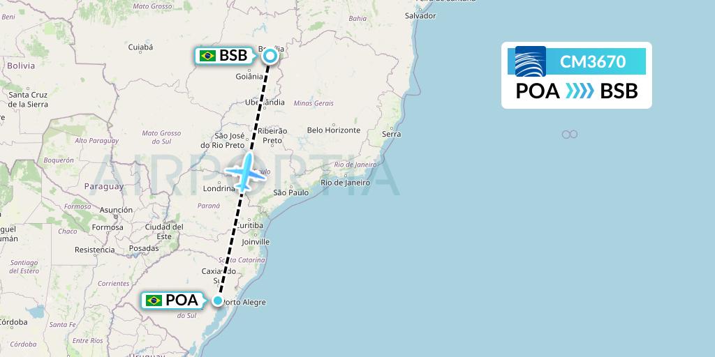 CM3670 Copa Airlines Flight Map: Porto Alegre to Brasilia
